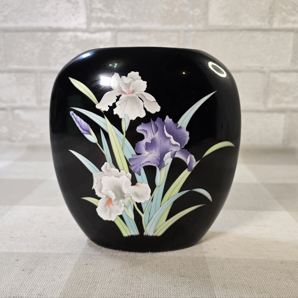 SOLD Vintage Japanese Oval Flat Black Vase Gold Rim White & Purple Iris Floral